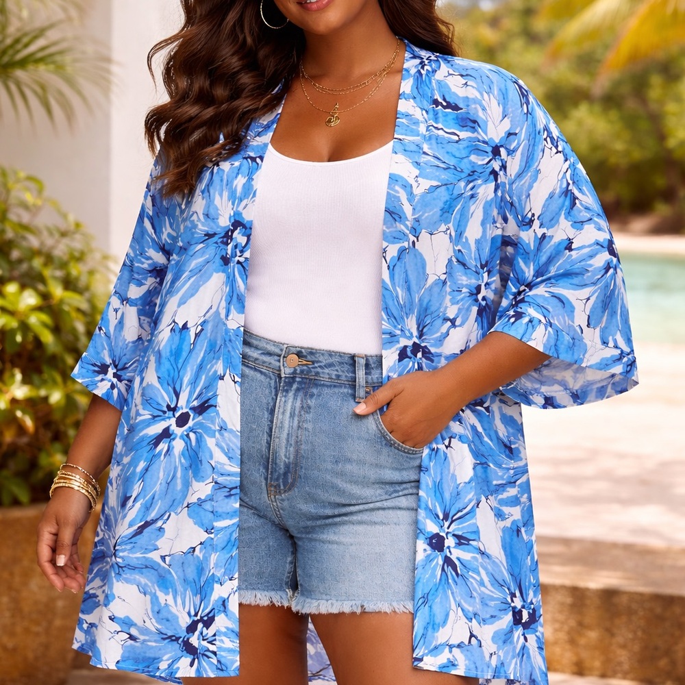 Catherine Blue Floral Kimono 2X